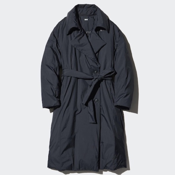 Uniqlo Jackets & Blazers - Uniqlo Women M Down Long Trench Coat Black Belted Pockets Lightweight